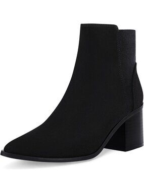 Women's Black Faux Suede Pointed Toe Chunky Block Stacked Heels Ankle Boots